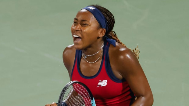American tennis star Coco Gauff reacts to winning a match.